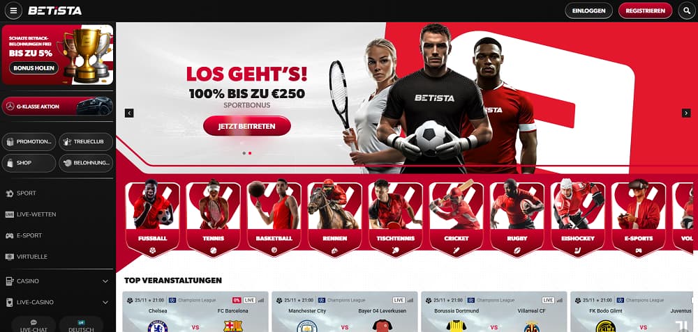 Betista Casino-Startseite mit sportlichem Design und einem Banner mit 100 % Bonus bis zu 250 €. Die Navigation umfasst Sportwetten, Live-Wetten, E-Sport, virtuelle Spiele, Casino und Top-Events wie Chelsea gegen Barcelona.