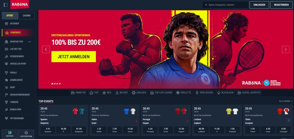Rabona Casino-Startseite mit dunklem Sportdesign und einem Banner mit Athleten sowie einem 100 % Sportbonus bis zu 200 €. Die Navigation umfasst Sportwetten, Live-Events, Casinospiele und Top-Spiele mit Quoten für Fußball, Rugby und Tennis.
